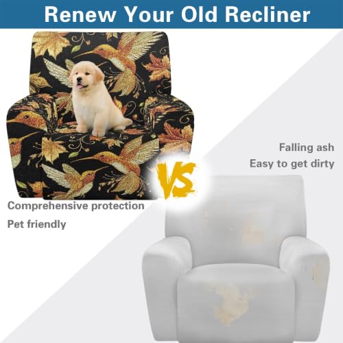 Hummingbird Recliner Chair Cover - Washable Polyester Slipcover with Anti-Slip & Side Pockets - Fits 27-37 Inches