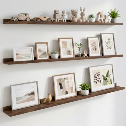 Floating Wall Shelves with Front Lip - 48 Inch Black Walnut, Set of 3