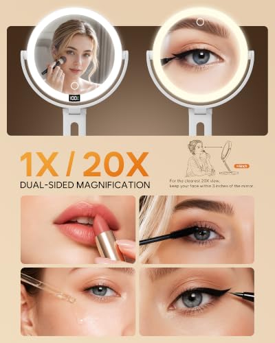 Symirify 20X Travel Makeup Mirror with Lights - White, Double-Sided
