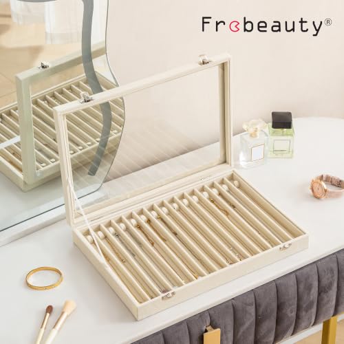 Beige Necklace Organizer with 15 Hooks Velvet Lid Jewelry Holder
