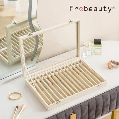 Beige Necklace Organizer with 15 Hooks Velvet Lid Jewelry Holder