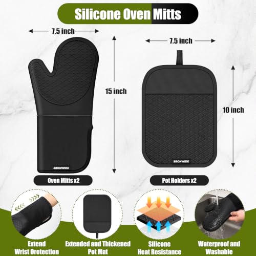 Black Silicone Oven Mitts and Pot Holders Set with Kitchen Towels - Heat Resistant 500°F