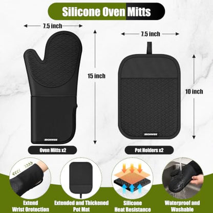 Black Silicone Oven Mitts and Pot Holders Set with Kitchen Towels - Heat Resistant 500°F