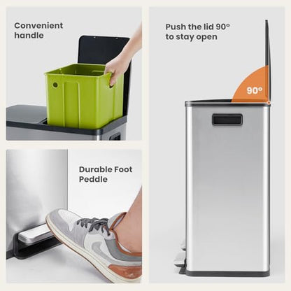 Dual Compartment Stainless Steel Trash Can 16 Gallon - Silver, 2x30L