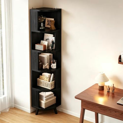 5-Tier Corner Bookshelf Black with Baffle - Space-Saving Wall Shelf