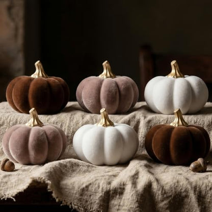 6Pcs Fall Pumpkin Decor Set - Small Velvet Flocked Resin Figurines, White & Brown