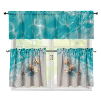 Beach Kitchen Curtains Tier and Valance Set 3 Pieces - 27.5W x 24L