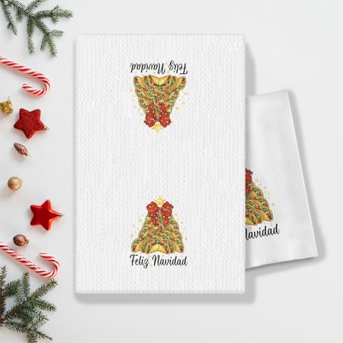 E Christmas Towels - Mexican Christmas Kitchen Towels for Taco Lovers, Red Bow Decor, 16x24 Inches