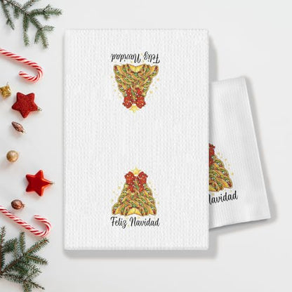 E Christmas Towels - Mexican Christmas Kitchen Towels for Taco Lovers, Red Bow Decor, 16x24 Inches
