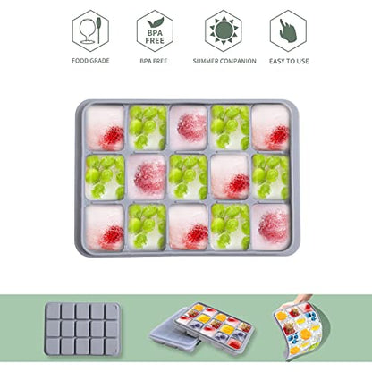 Ice Cube Trays Set of 2, Easy Release 15 Flexible Silicone Ice Cube Molds with Removable Lid Reusable Freezer Ice Trays Stackable for Whiskey, Baby Food, BPA Free (SNOW GRAY)