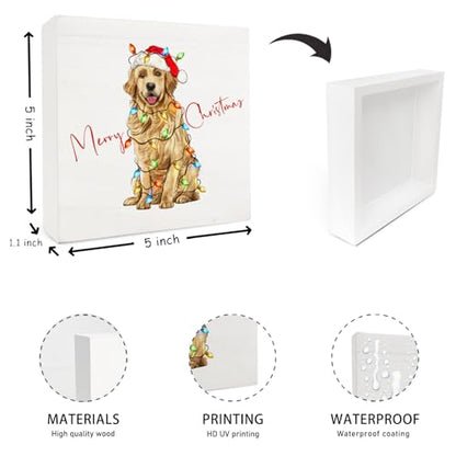 Christmas Golden Retriever Dog Wood Box Sign - Holiday Home Decor, 5x5 Inch