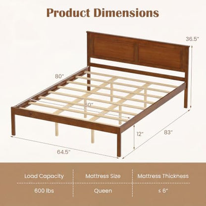 Queen Size Farmhouse Wooden Platform Bed Frame with Headboard - Walnut Open Footboard