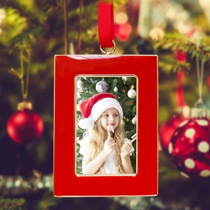 Christmas Picture Frame Ornaments Set of 4 - 2x3 Inch Red Mini Frames with Ribbon