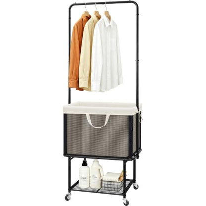 Rolling Laundry Cart with Hanging Bar, 100L Hamper & Storage Shelf