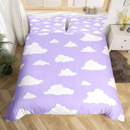 Full Size Cloud Duvet Cover Set with Pillowcases - Purple & White Cartoon Clouds, Kids Bed Bedding, No Comforter, Variation: White & Purple