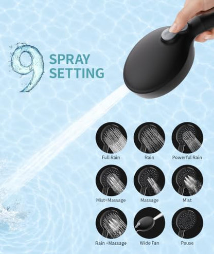Filtered Handheld Shower Head with 9 Spray Modes and Water Softener Beads - Black / 1.8GPM + 1 Filter