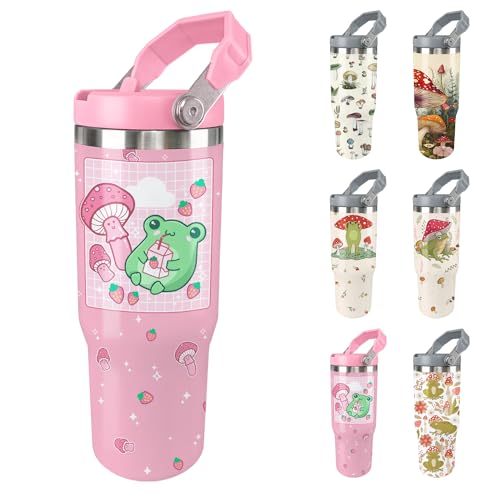 Unyopsa Frog Tumbler with Lid and Straw 30oz Flip Straw Mushroom Tumbler Glass Insulated Cute Frog Travel Mug with Handle Frog Gifts for Women