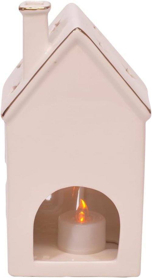 Mark Feldstein & Associates Holiday Tea Light Village House Figurines - White Glazed Porcelain, Set of 3, 8 Inch