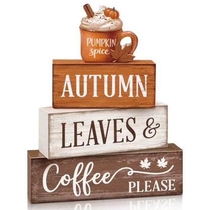 Fall Tiered Tray Decor Set with Pumpkin Latte - Wooden Autumn Decorations