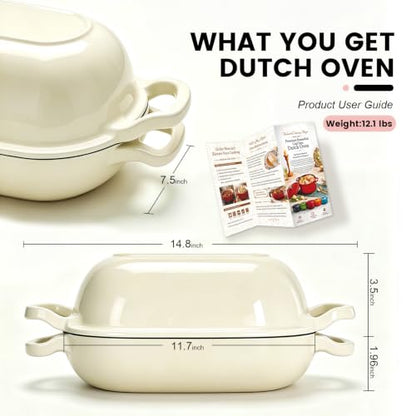 White 5QT Oval Cast Iron Dutch Oven for Bread Baking with Lid