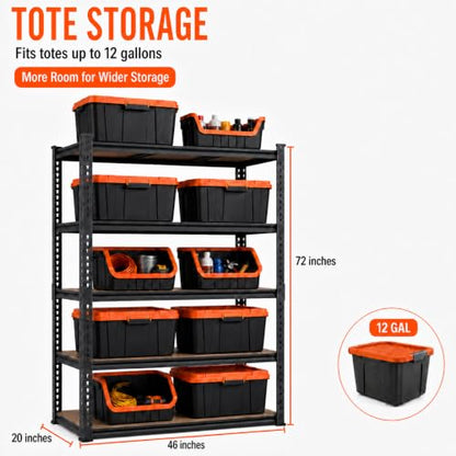 72 Inch Heavy Duty Garage Shelving Rack 2850 LBS Capacity - 5-Tier Storage