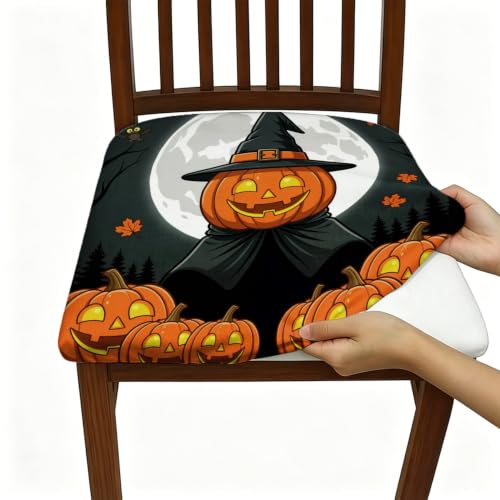 Halloween Pumpkin Chair Seat Covers - Fanciful Witch Moon Design, 4 Pcs, Orange Spandex