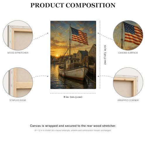 Vintage Patriotic Wall Art - Maine Fishing Boat with American Flag, 16x24 Inches - Wrapped Canvas