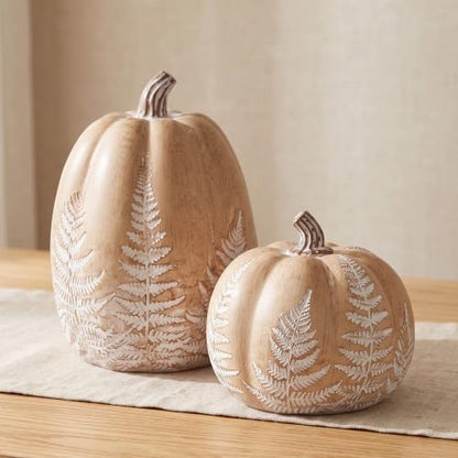 Brown Resin Fall Pumpkins with Leaves Pattern - Rustic Home Decor, Set of 2