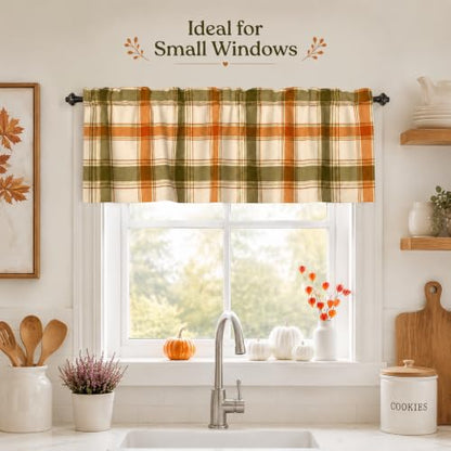 Fall Plaid Window Valance Curtains 54x18 Inch - Orange Green Checkered Farmhouse Style