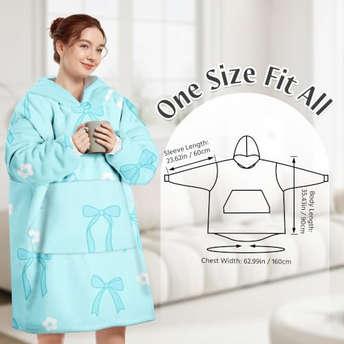Blue Bow Oversized Animal Wearable Blanket Hoodie with Pocket for Adults & Teens