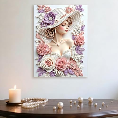 Lady Pearl Painting with 3D Crystal & Pearl Details - Framed Artwork