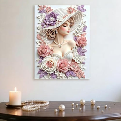 Lady Pearl Painting with 3D Crystal & Pearl Details - Framed Artwork