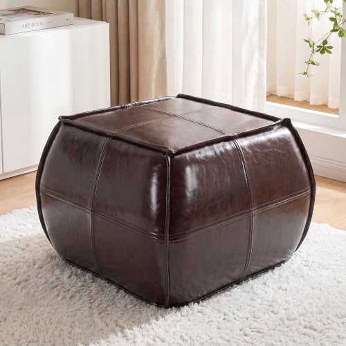 Dark Brown Square PU Leather Ottoman Pouf 21x15 Inch Handmade Foot Stool