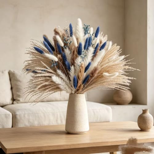 73PCS Dried Flower Bouquet with Blue & Natural Boho Decor for Wedding & Home