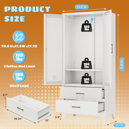 71-Inch Tall Metal Wardrobe Closet with Hanging Rod and 2 Drawers