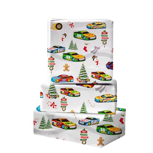 Race Car Christmas Wrapping Paper - White with Holiday Cars & Snowflakes - 4 Sheets, 28x40 Inches - Variation: White
