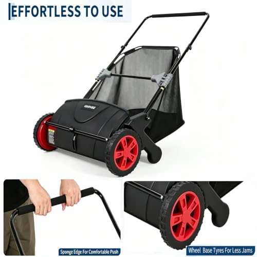 Lawn Sweeper - Manual Leaf & Debris Collector with 3.5 Cu. ft Capacity, Black & Red