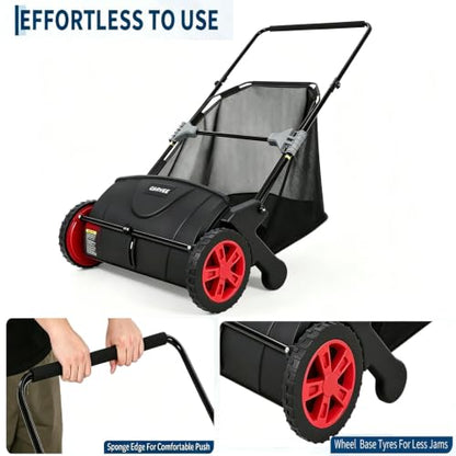 Lawn Sweeper - Manual Leaf & Debris Collector with 3.5 Cu. ft Capacity, Black & Red