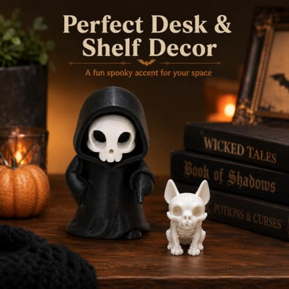 Halloween Gothic Skeleton Figurine with Puppy Companion - Spooky Desk Decor