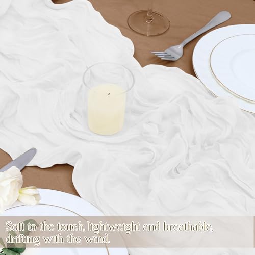 White Cheesecloth Table Runner 35x120 Inches - Gauze Wrinkle Design, 1 Pack - Bohemian Style, Casual Decor