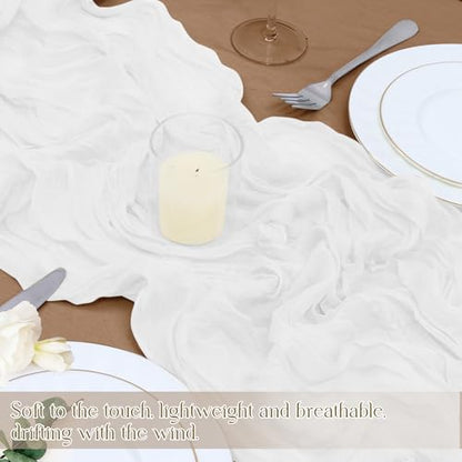 White Cheesecloth Table Runner 35x120 Inches - Gauze Wrinkle Design, 1 Pack - Bohemian Style, Casual Decor