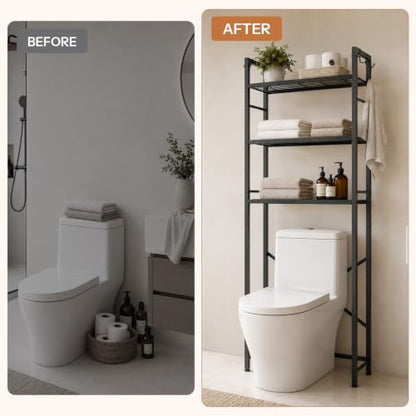 Over-the-Toilet Bathroom Storage Rack 3-Tier Organizer with Adjustable Shelves & Hooks
