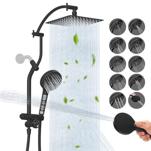 Square 10-Inch All-Metal Rainfall Shower Head & 10 Mode Filtered Handheld - Matte Black