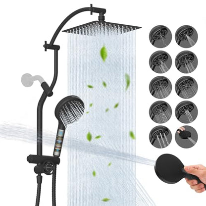 Square 10-Inch All-Metal Rainfall Shower Head & 10 Mode Filtered Handheld - Matte Black