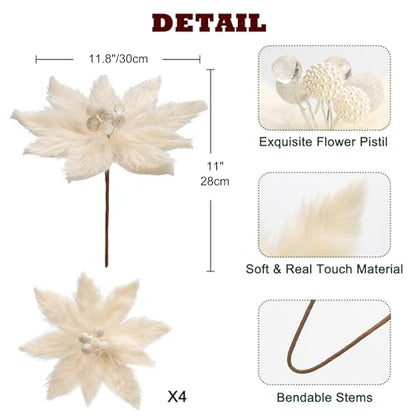 Creamy White Artificial Poinsettia Christmas Flower Picks 11.8 Inch 4-Pack