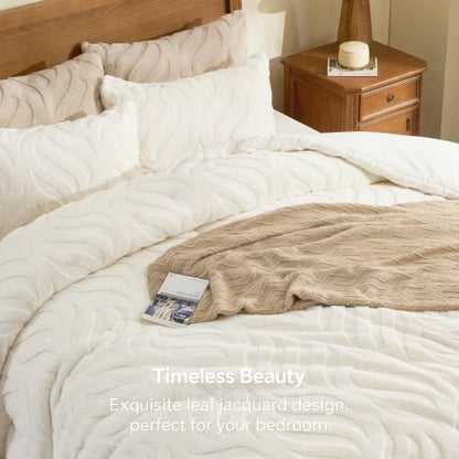 Queen Faux Fur Comforter Set Cream 90x90 Inches Fluffy Bedding