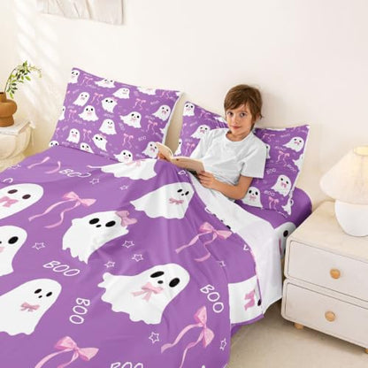 Kids Bed Sheets Full Size Ghost Themed Bedding Set Purple Pink White 44 Inch