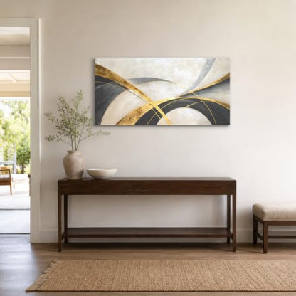 Geometric Abstract Canvas Wall Art - Black, Gold, Gray, Beige - 48 x 24 Inches