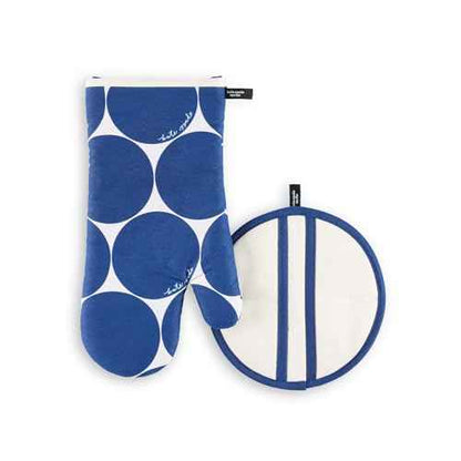 Kate Spade New York Joy Dot Oven Mitt & Pot Grabber 2-Pack Set, 7" x 13", 8" Round, Navy Blue/Cream