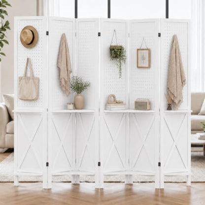 6 Panel Wood Pegboard Room Divider with Shelves - Privacy Screen (White Variant of THIS listing)